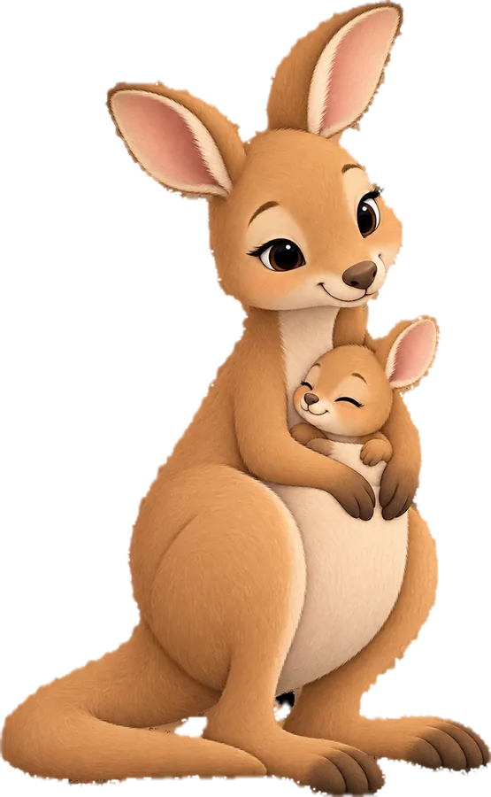 Ilustración de una mamá canguro con su bebé en brazos