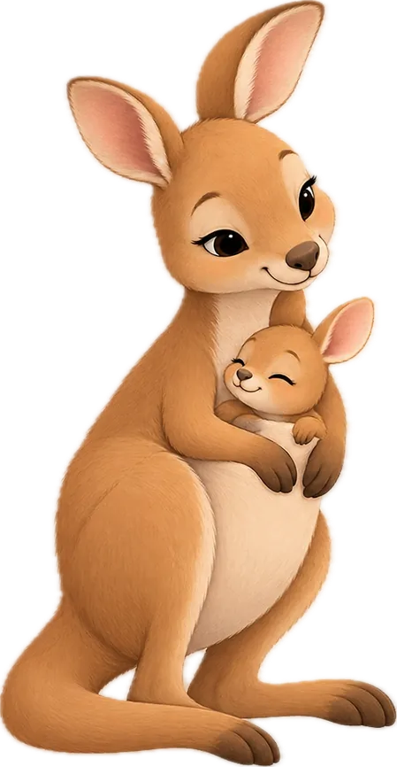 Ilustración de una mamá canguro con su bebé
