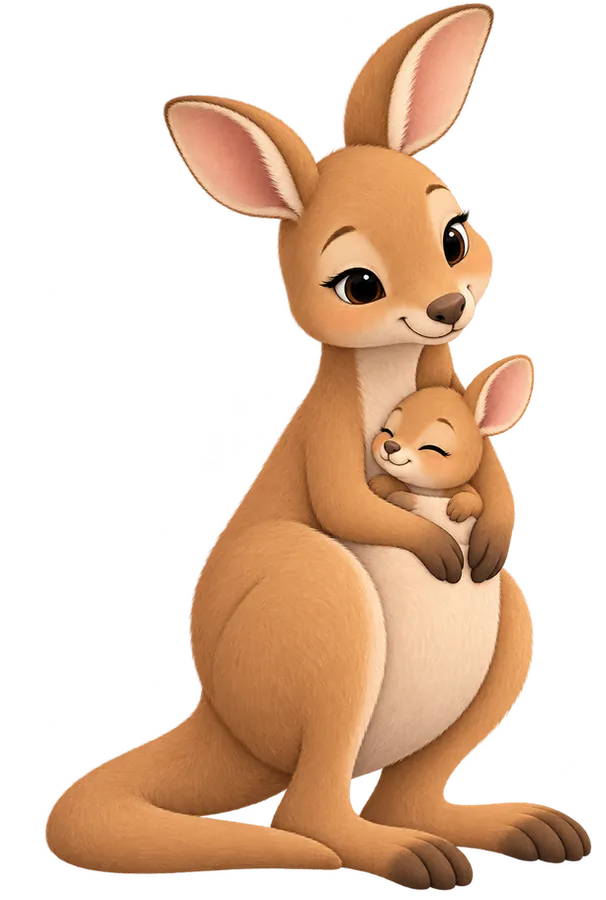 Ilustración de una mamá canguro con su bebé en la bolsa